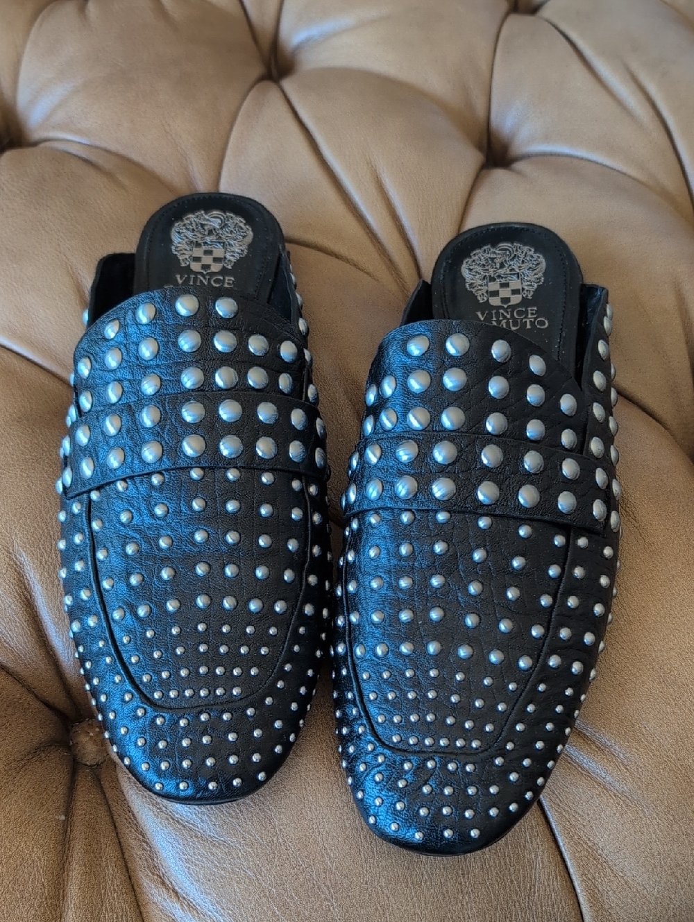 Vince Camuto Black Leather Studded Slip-On Loafer Mules
